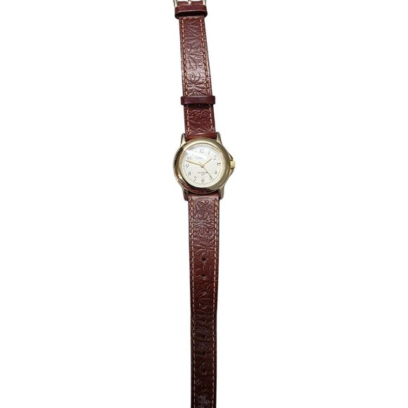 Carriage Timex Indiglo Watch Gold Tone 30M Brown Leather Band - Picture 5 of 10